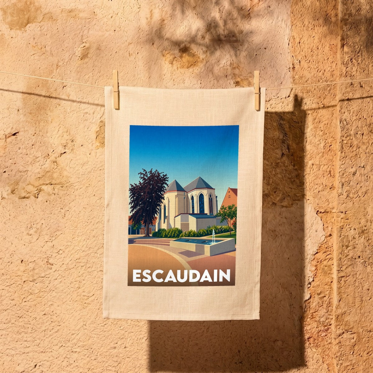 Torchon souvenir de la ville d'Escaudain avec une illustration stylisée d'une église et d'une place.