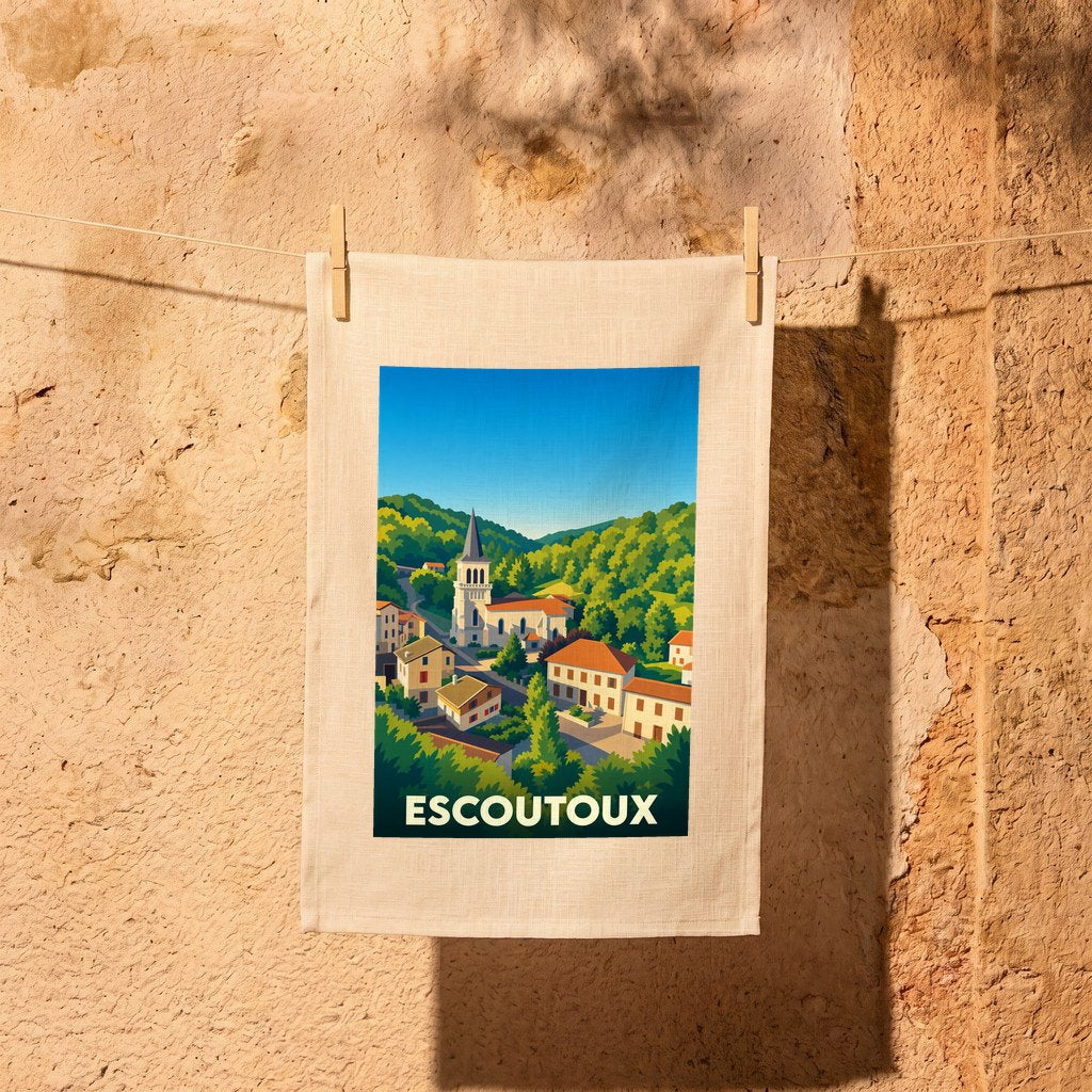 Torchon souvenir de la ville d'Escoutoux avec une illustration stylisée de son paysage vallonné.