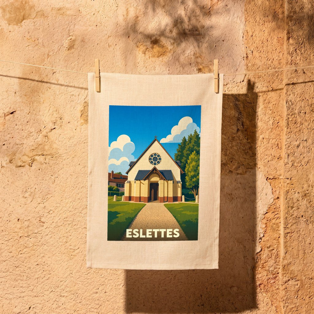Torchon souvenir de la ville d'Eslettes avec une illustration stylisée de son église.