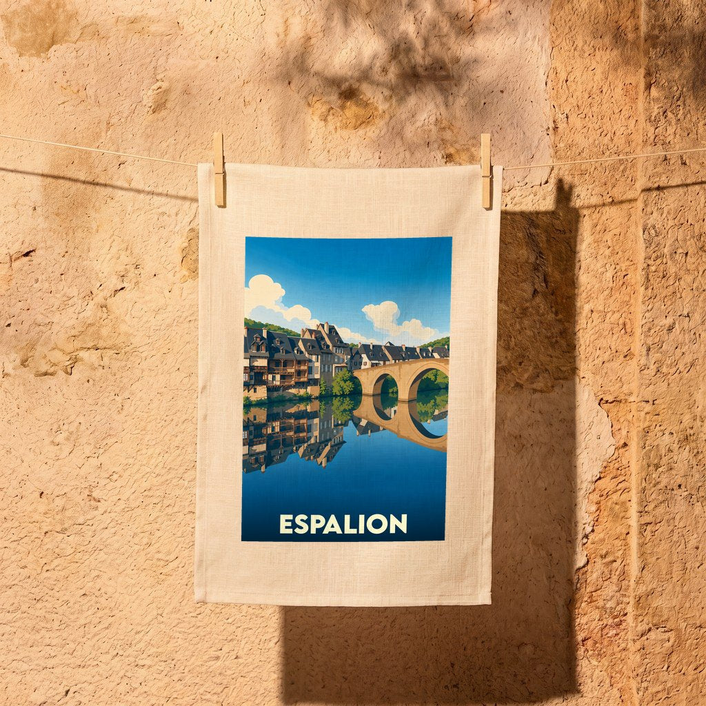 Torchon souvenir de la ville d'Espalion avec une illustration stylisée de son pont et ses maisons médiévales.