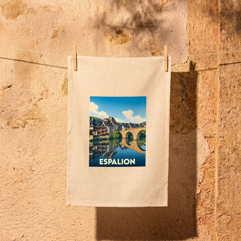 Torchon souvenir de la ville d'Espalion avec une illustration stylisée de son pont et ses maisons médiévales.