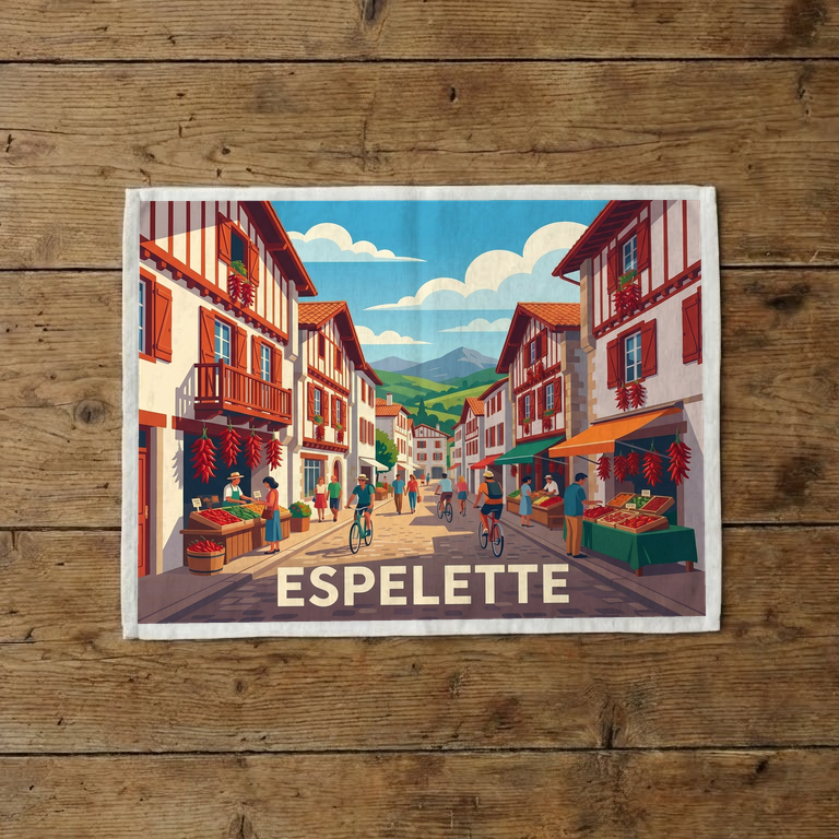 Torchon souvenir de la ville d'Espelette avec une illustration stylisée de ses rues typiques ornées de piments.