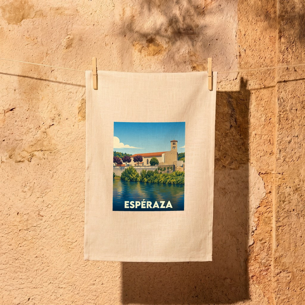 Torchon souvenir de la ville d'Espéraza avec une illustration stylisée des bords de l'Aude.