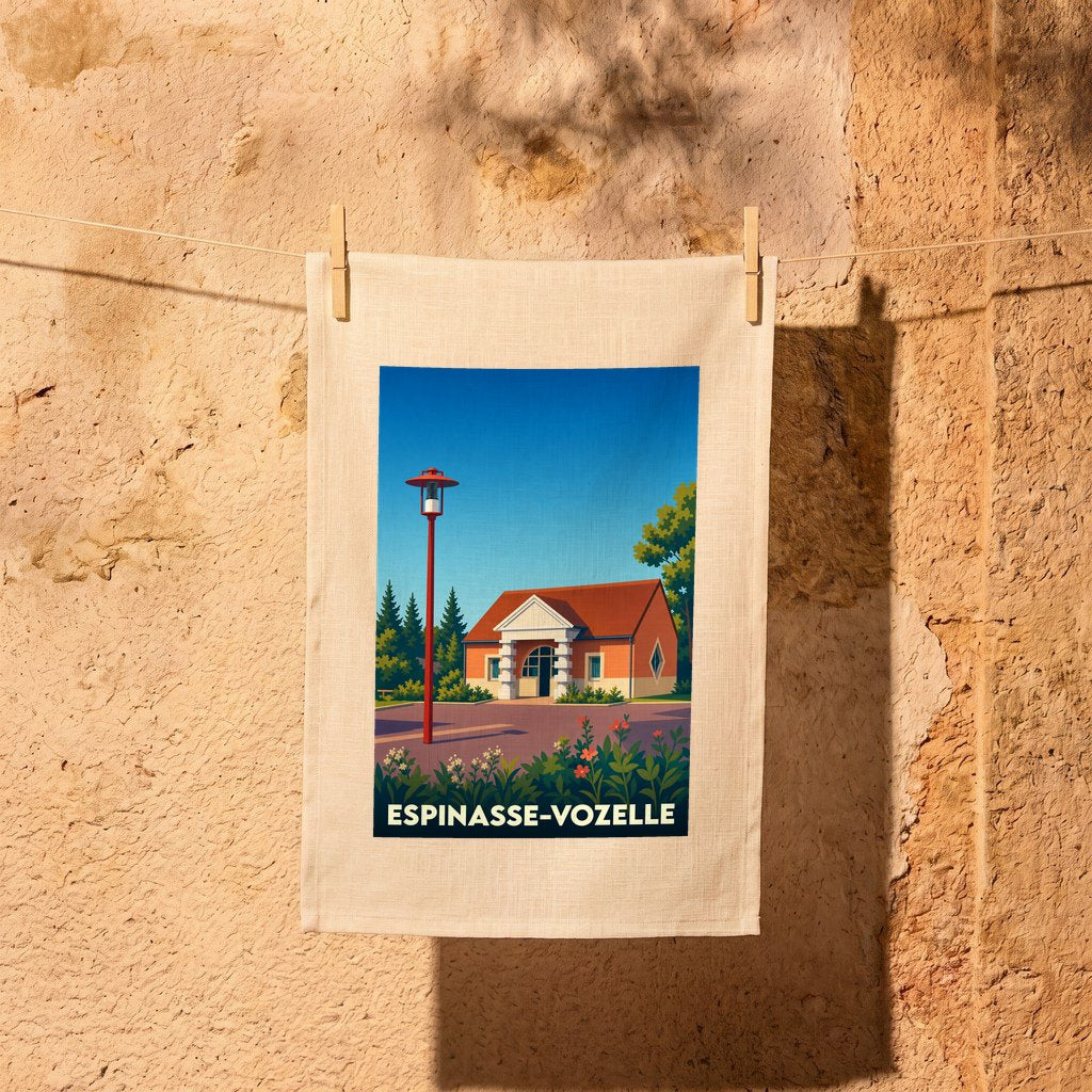 Torchon souvenir de la ville d'Espinasse-Vozelle illustrant un bâtiment local avec une esthétique vintage.