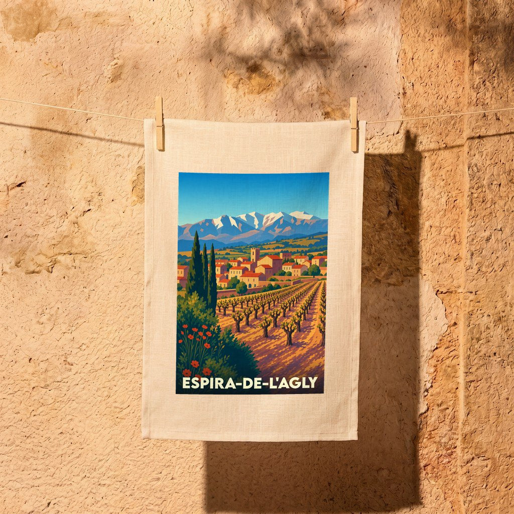 Torchon souvenir de la ville d'Espira-de-l'Agly illustrant un paysage de vignes au pied de montagnes enneigées.