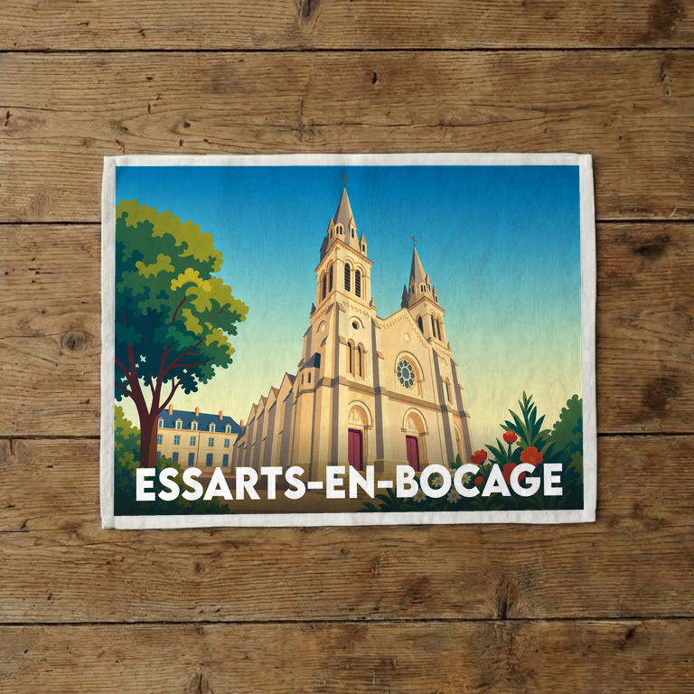 Torchon souvenir de la ville d'Essarts-en-Bocage avec une illustration stylisée de son église.