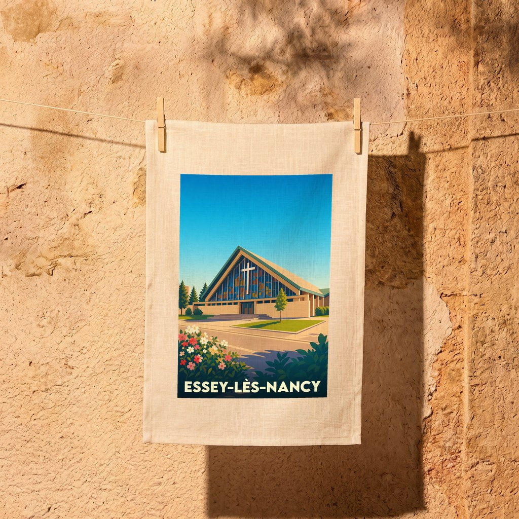 Torchon souvenir de la ville de Essey-lès-Nancy avec une illustration stylisée de son église moderne.
