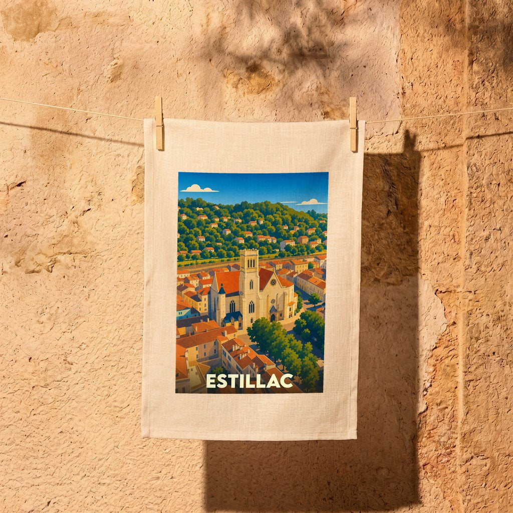 Torchon souvenir de la ville d'Estillac avec une illustration stylisée.
