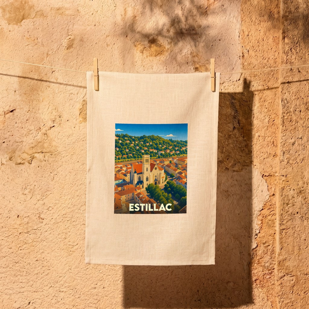 Torchon souvenir de la ville d'Estillac avec une illustration stylisée.