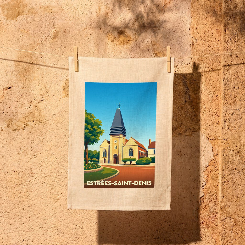 Torchon souvenir de la ville d'Estrées-Saint-Denis avec une illustration stylisée de son église suspendu par des pinces à linge.