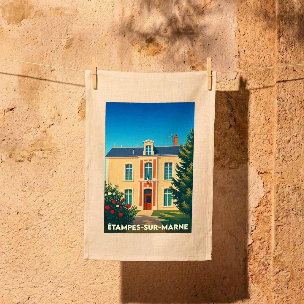 Torchon souvenir de la ville d'Étampes-sur-Marne illustrant la mairie avec un style graphique épuré.