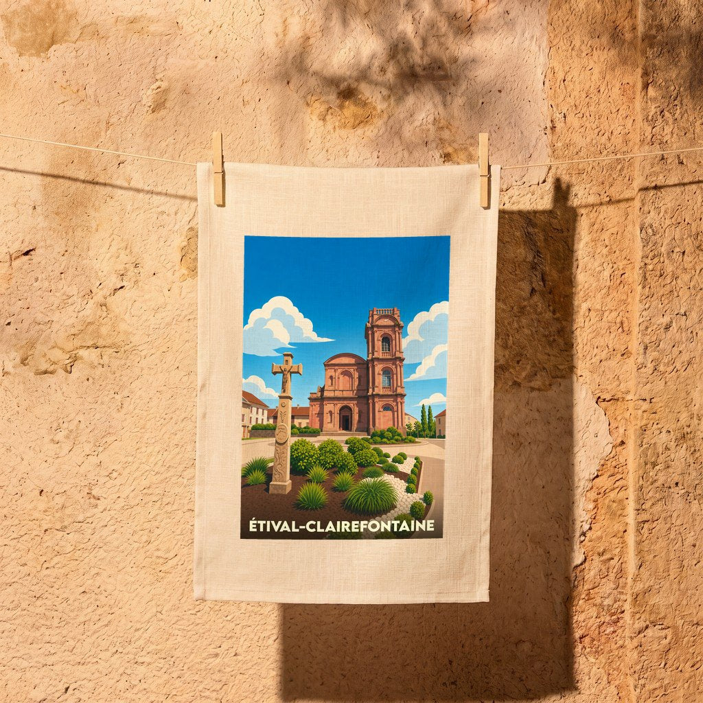 Torchon souvenir de la ville d'Étival-Clairefontaine avec une illustration stylisée de son abbaye et d'une croix monumentale.