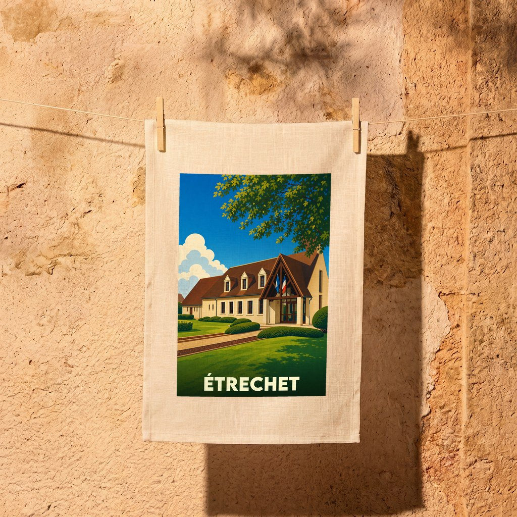 Torchon souvenir de la ville d'Étrechet avec une illustration stylisée de sa mairie.