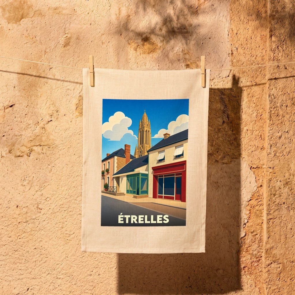 Torchon souvenir de la ville d'Étrelles avec une illustration stylisée d'une rue pittoresque et de son église.