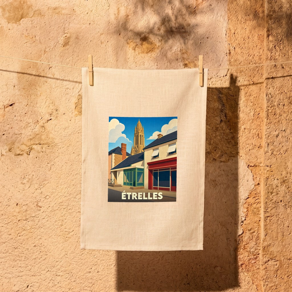 Torchon souvenir de la ville d'Étrelles avec une illustration stylisée d'une rue pittoresque et de son église.