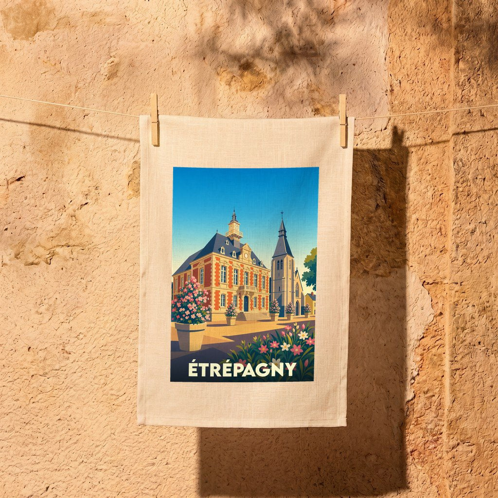 Torchon souvenir de la ville d'Étrépagny avec une illustration stylisée de son hôtel de ville et de son église.