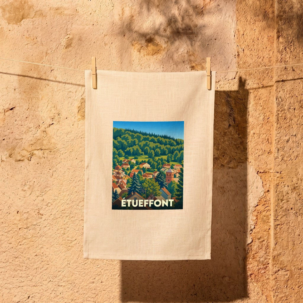 Torchon souvenir de la ville d'Étueffont avec une illustration stylisée de ses paysages verdoyants.