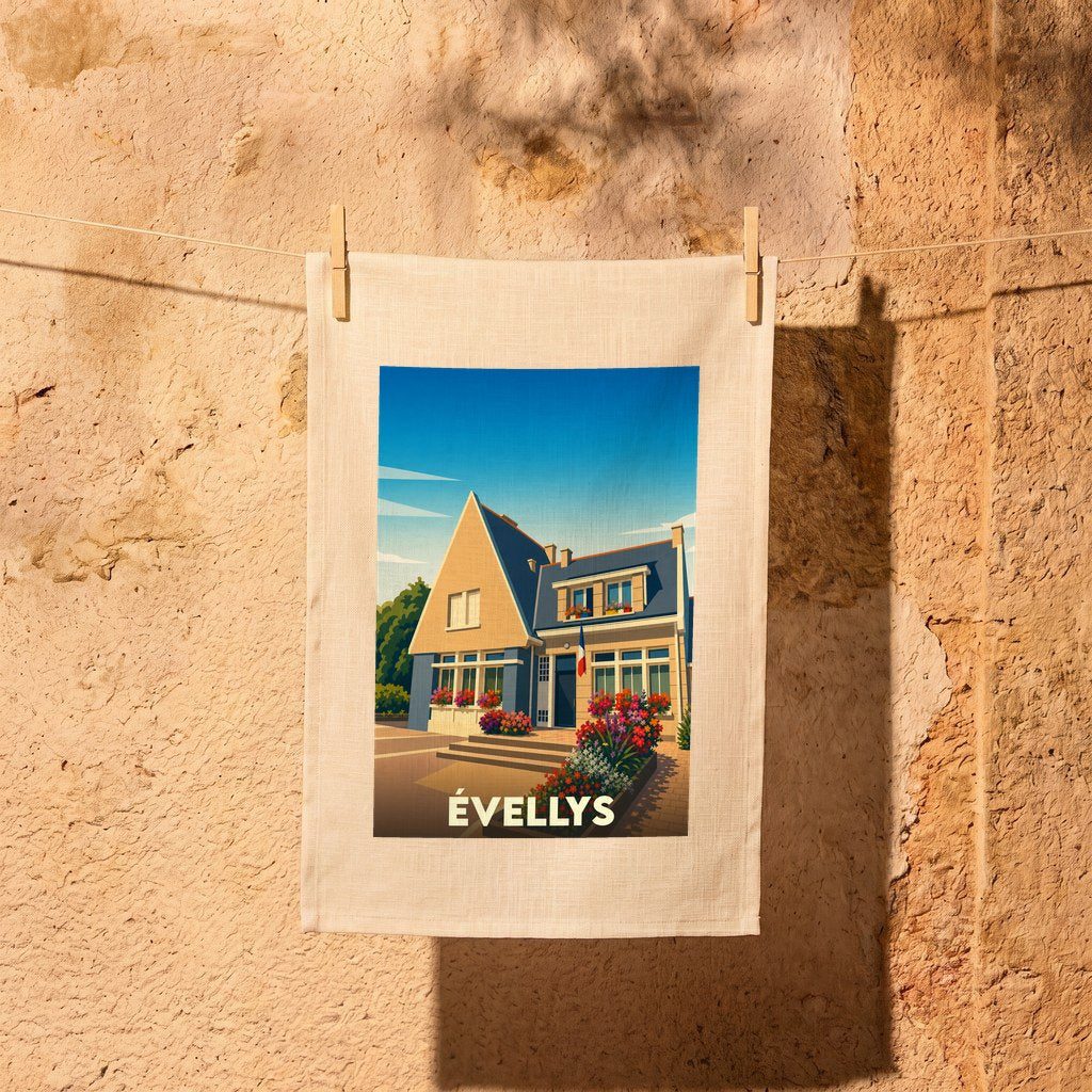 Torchon souvenir de la ville d'Évellys orné d'une illustration stylisée d'une maison fleurie.
