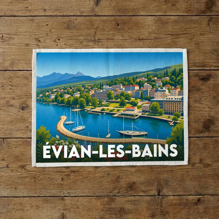 Torchon souvenir de la ville d'Évian-les-Bains avec une illustration stylisée de son port et des montagnes.