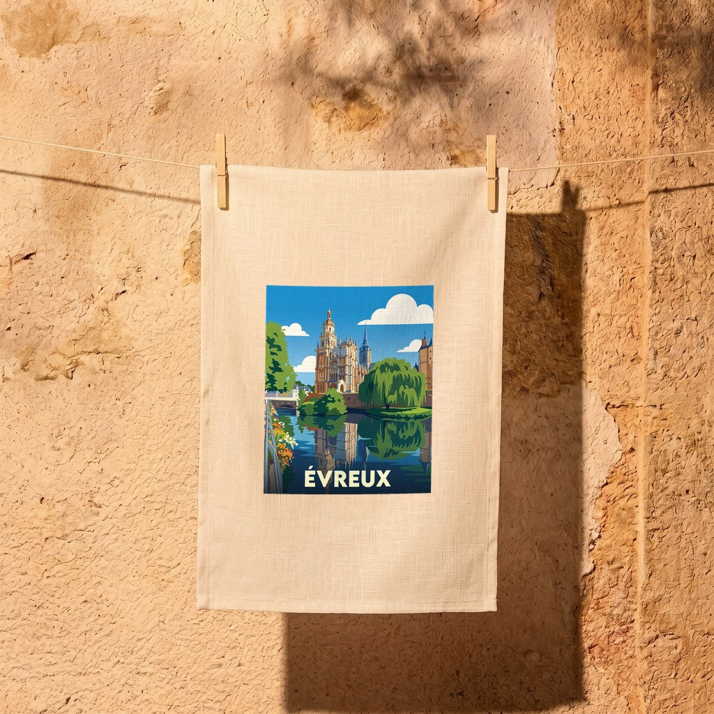 Torchon souvenir de la ville d'Évreux avec une illustration stylisée.