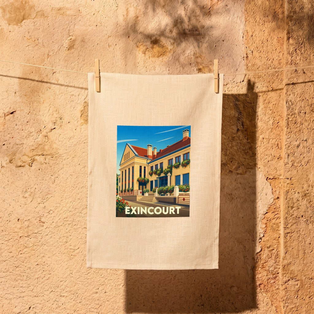 Torchon souvenir de la ville d'Exincourt avec une illustration stylisée de sa mairie fleurie.