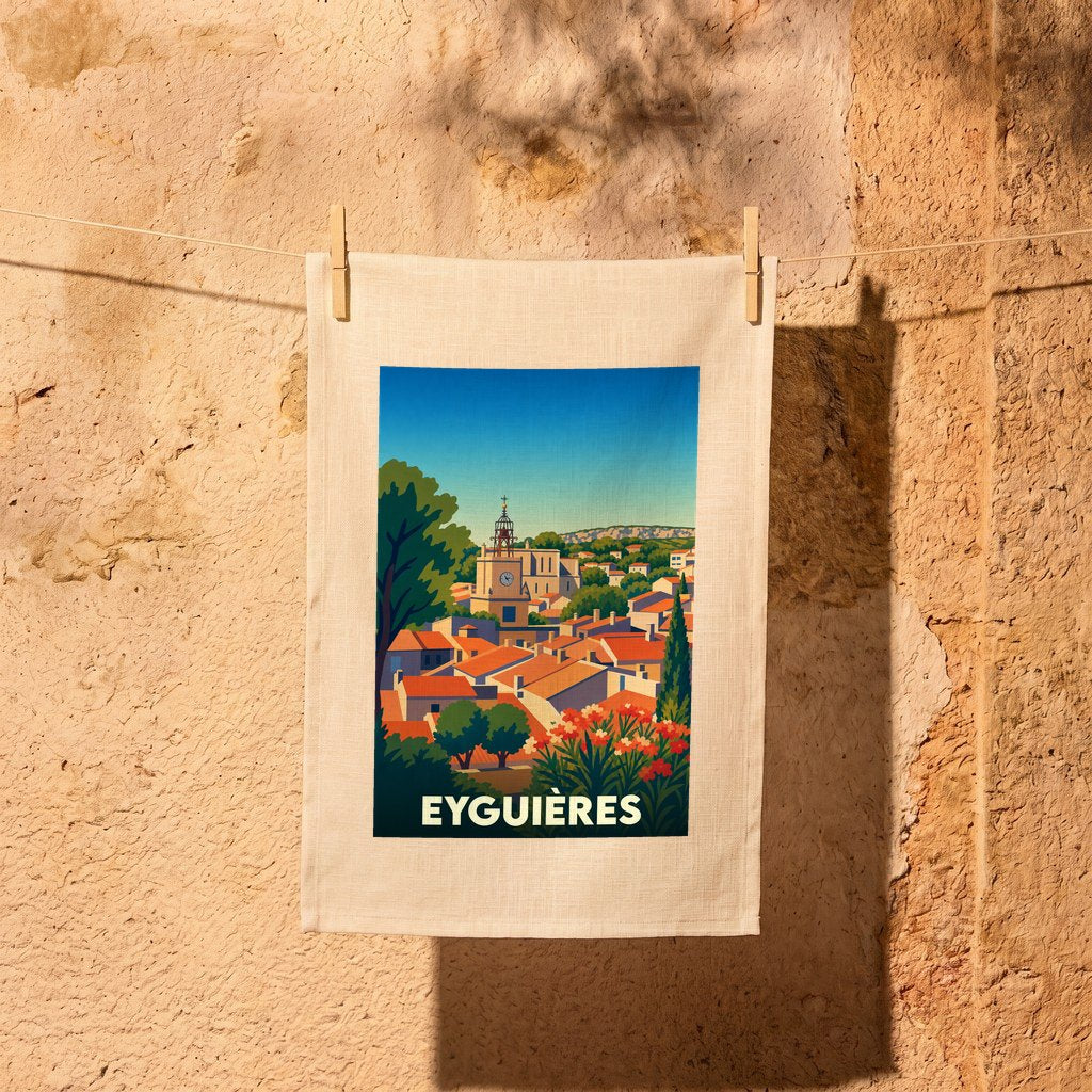 Torchon souvenir de la ville d'Eyguières illustré d'une vue stylisée du village et de son clocher.
