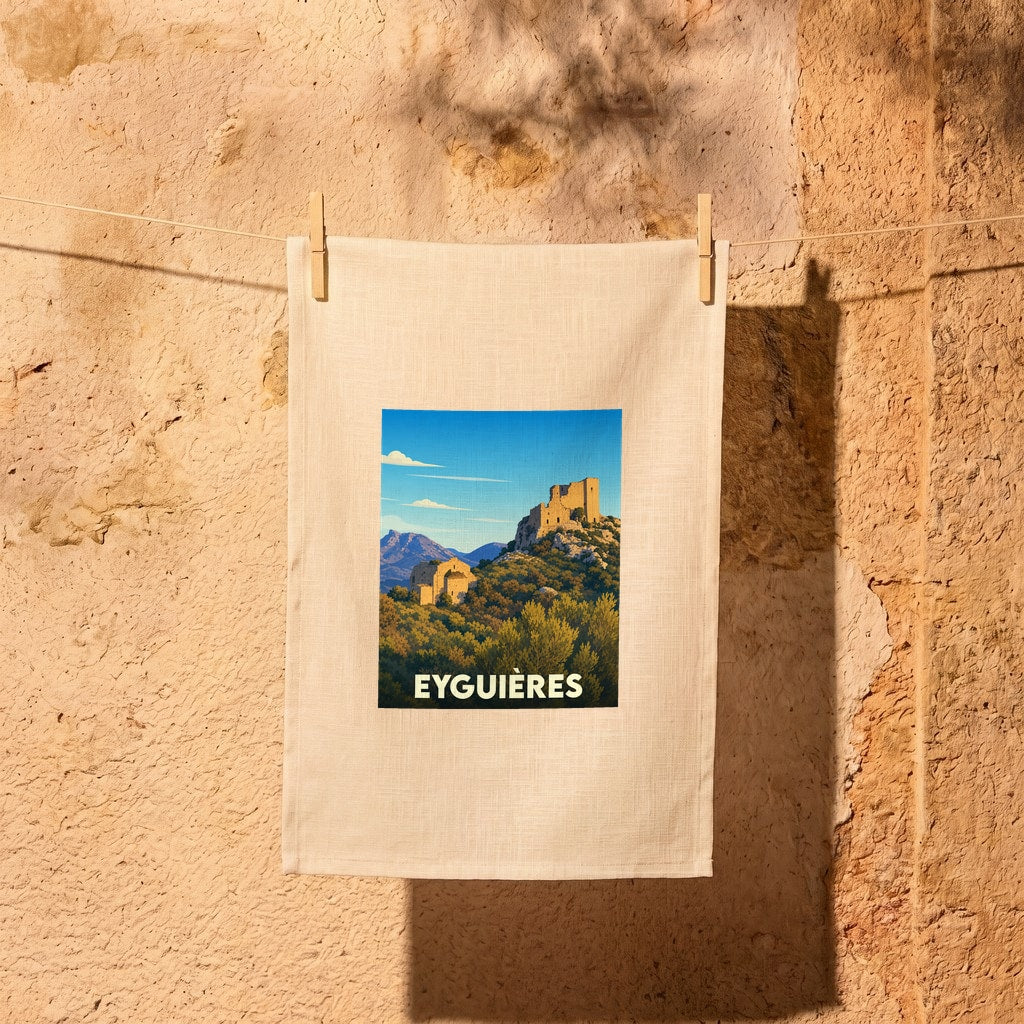 Torchon souvenir de la ville d'Eyguières illustré d'un paysage provençal stylisé avec ses ruines médiévales.