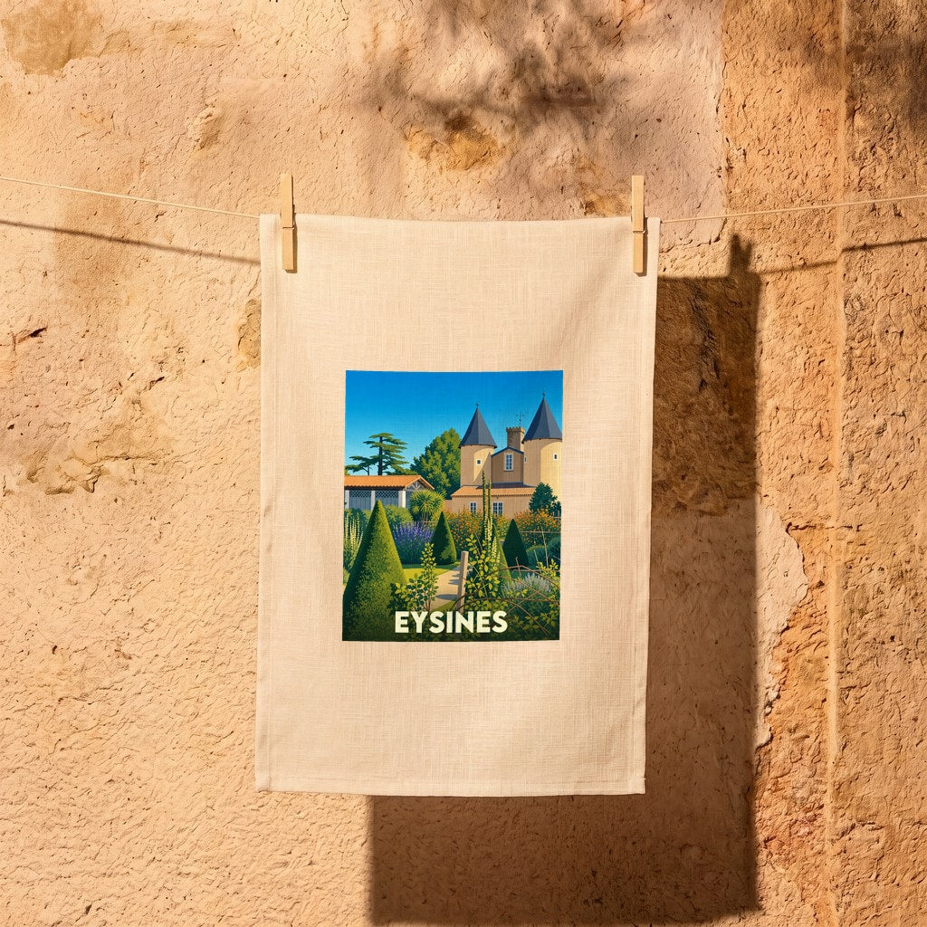 Torchon souvenir de la ville d'Eysines avec une illustration stylisée d'un château et de jardins.