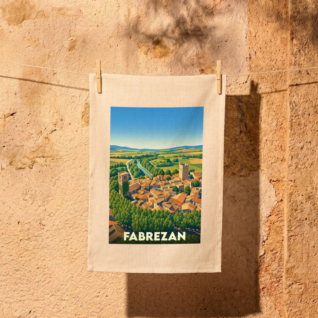 Torchon souvenir de la ville de Fabrezan illustré d'un paysage de village stylisé.