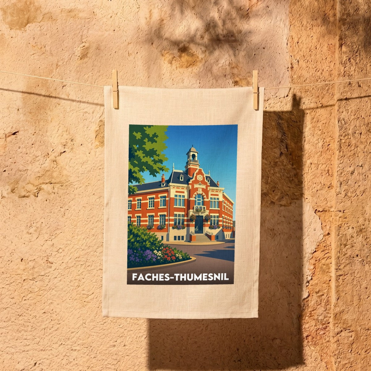 Torchon souvenir de la ville de Faches-Thumesnil avec une illustration stylisée de son hôtel de ville.