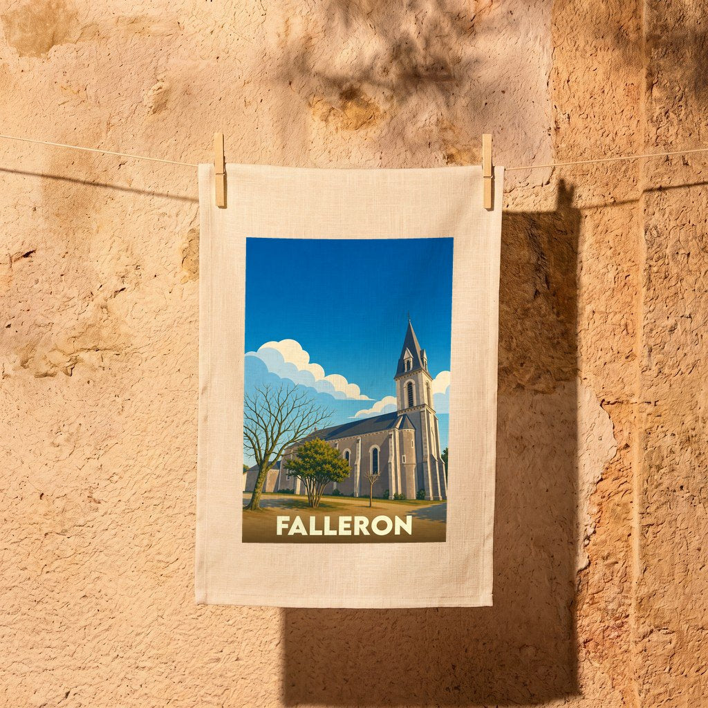 Torchon souvenir de la ville de Falleron illustré d'une église sous un ciel bleu.