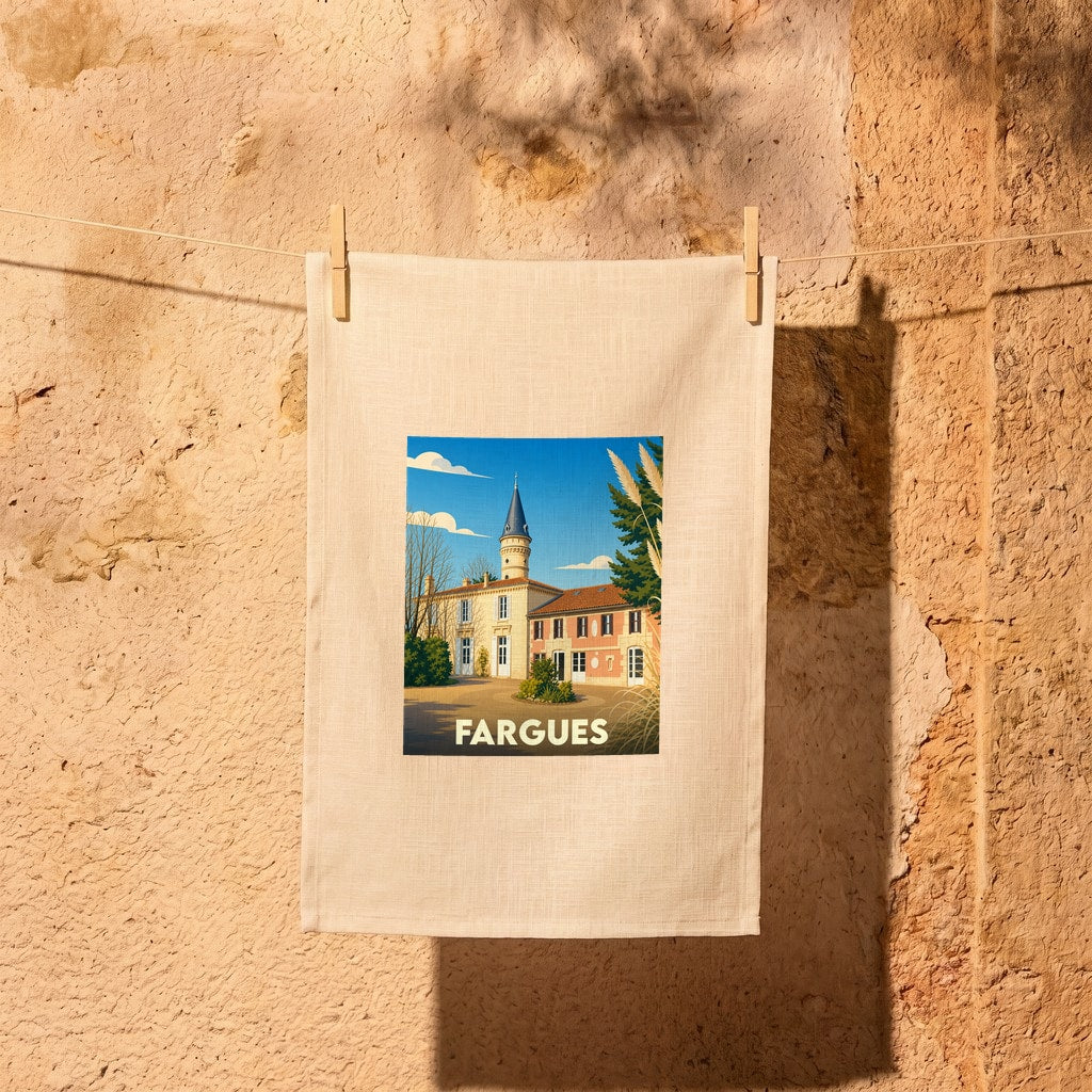 Torchon souvenir de la ville de Fargues avec une illustration stylisée d'une bâtisse historique.