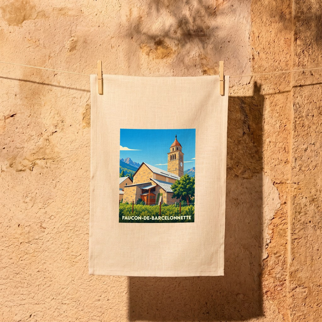Torchon souvenir de la ville de Faucon-de-Barcelonnette avec une illustration stylisée d'une église de montagne.