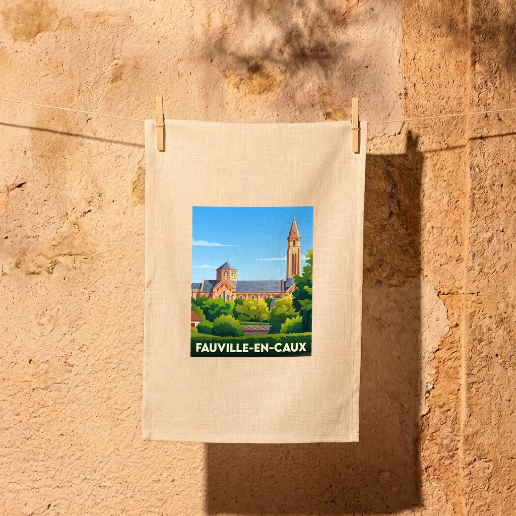 Torchon souvenir de la ville de Fauville-en-Caux avec une illustration stylisée de son église entourée de verdure.
