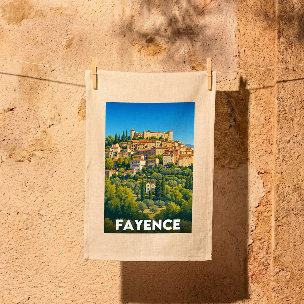 Torchon souvenir de la ville de Fayence avec une illustration stylisée de ce village perché.