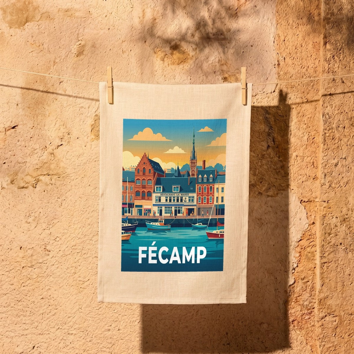 Torchon souvenir de la ville de Fécamp avec une illustration stylisée de son port et de son front de mer.