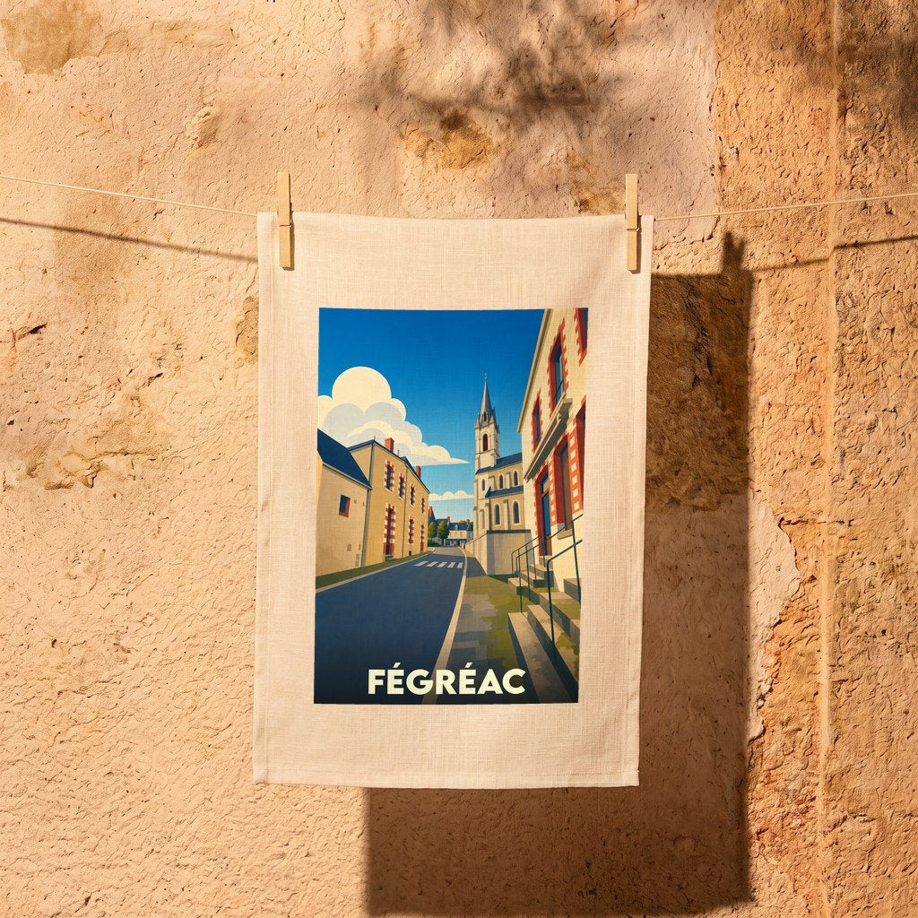 Torchon souvenir de la ville de Fégréac avec une illustration stylisée d'une rue pittoresque et son église.