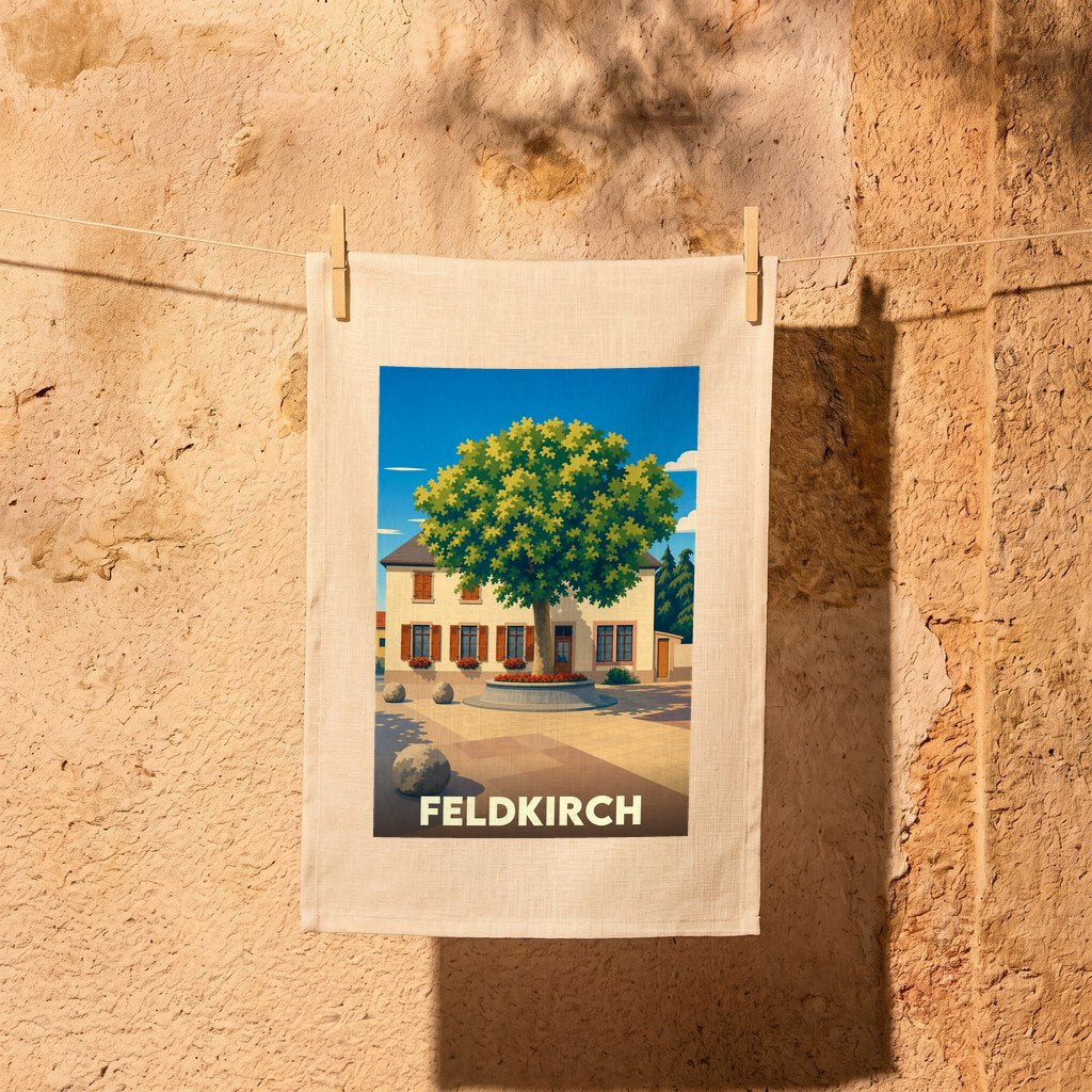 Torchon souvenir de la ville de Feldkirch avec une illustration stylisée d'une place arborée.