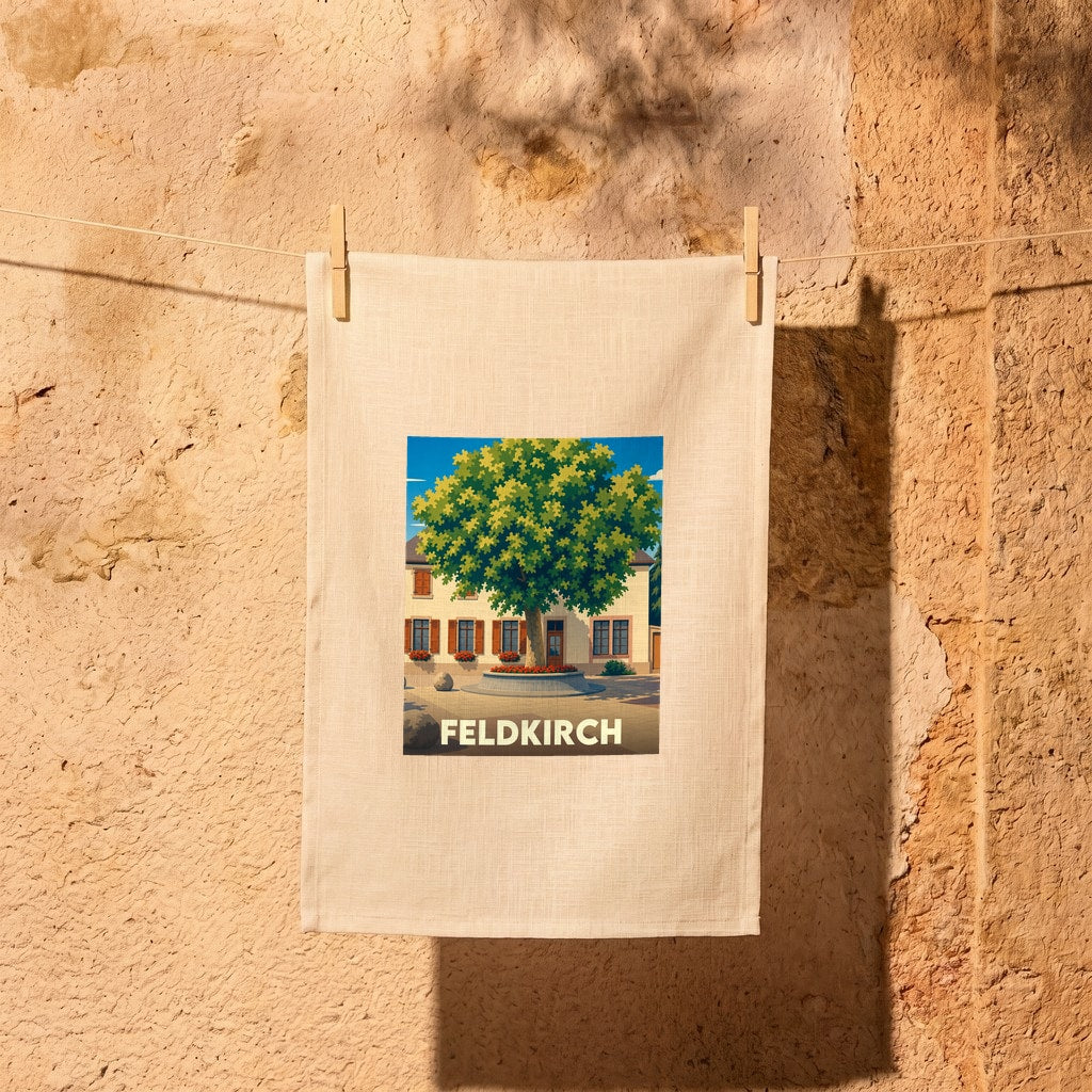 Torchon souvenir de la ville de Feldkirch avec une illustration stylisée d'une place arborée.