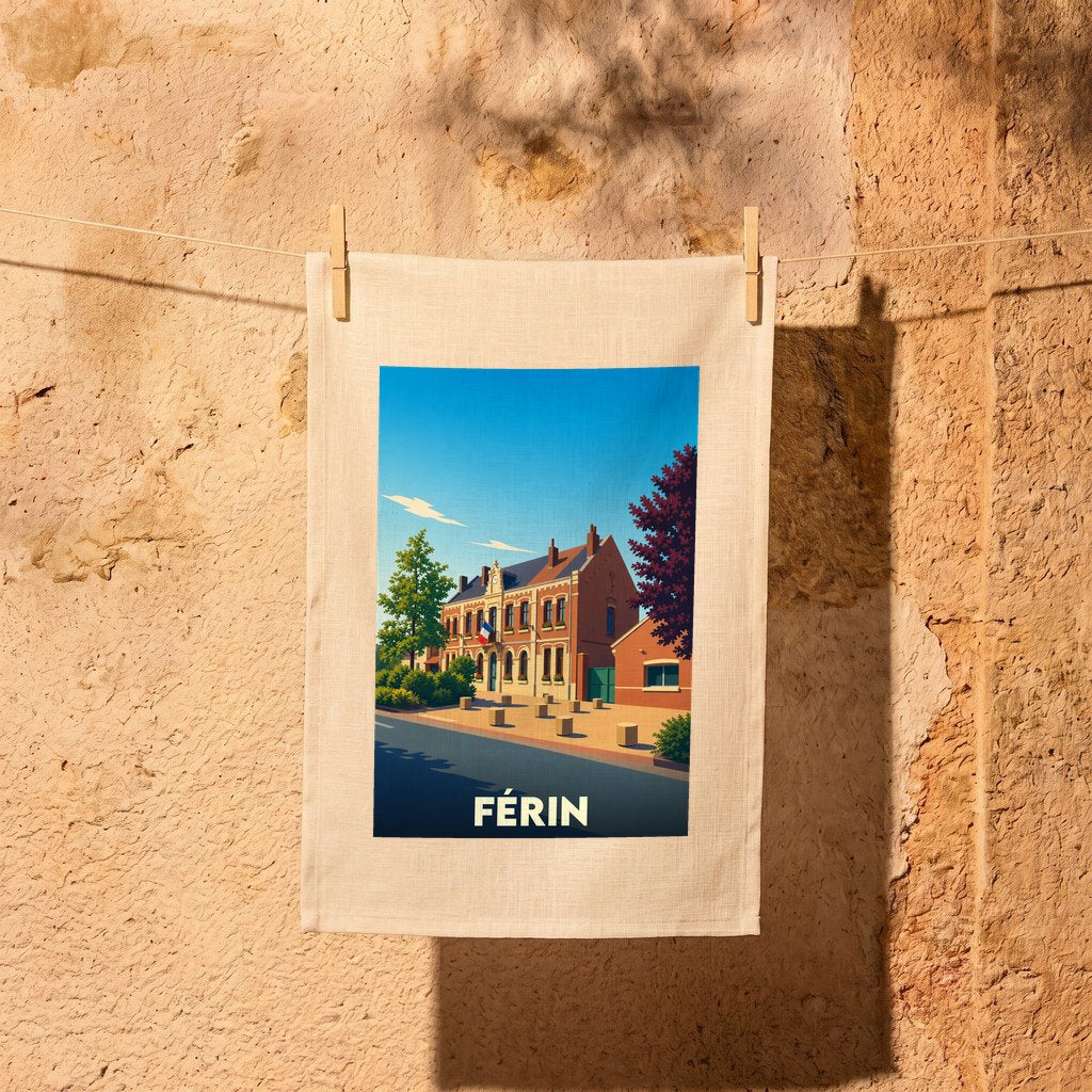 Torchon souvenir de la ville de Férin avec une illustration stylisée de son architecture.