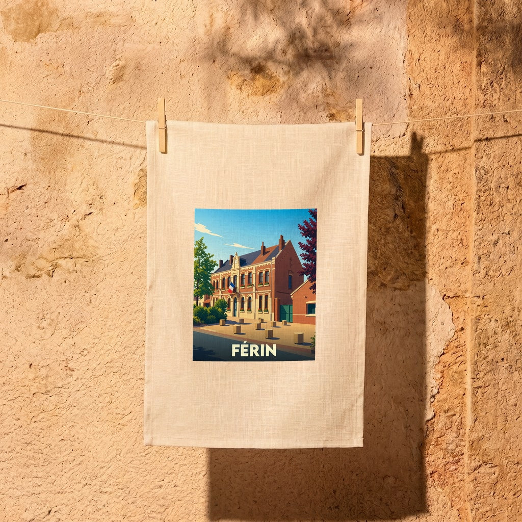Torchon souvenir de la ville de Férin avec une illustration stylisée de son architecture.