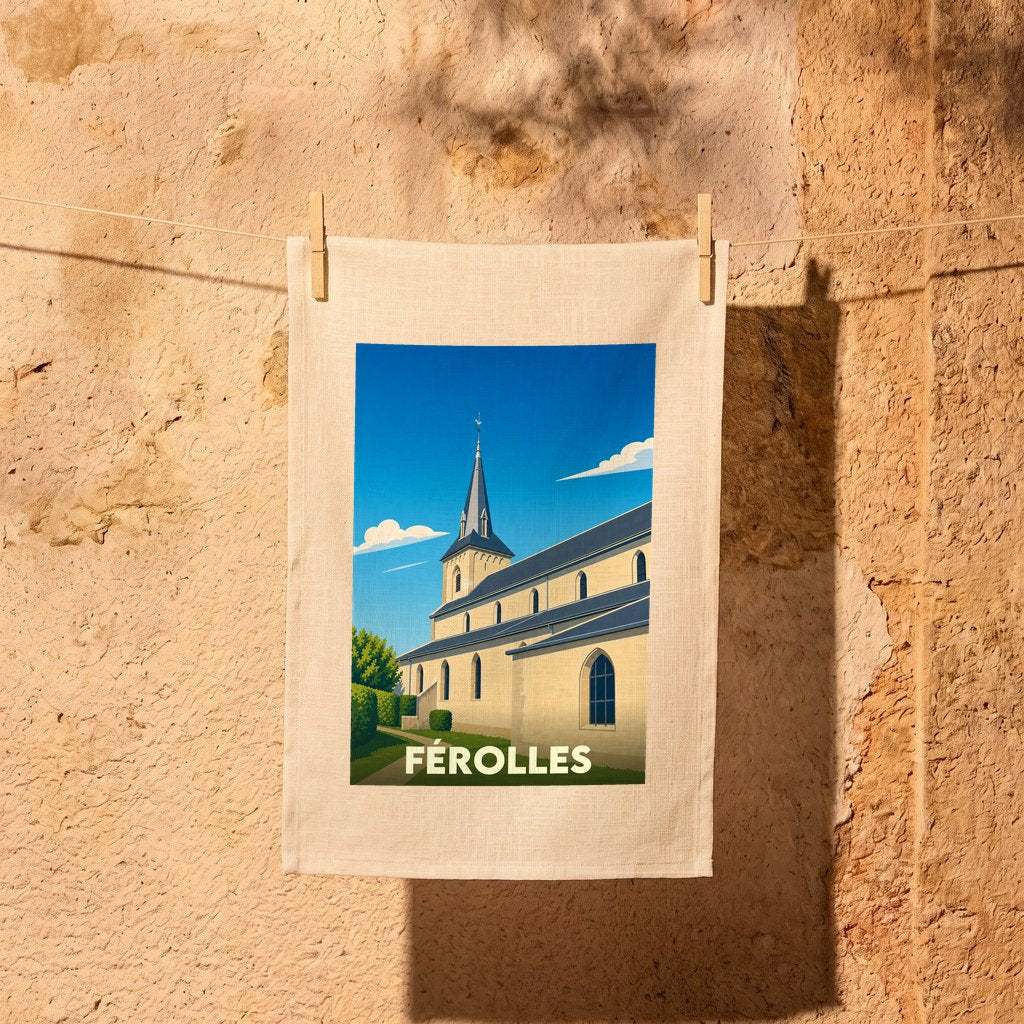 Torchon souvenir de la ville de Férolles avec une illustration stylisée de son église.