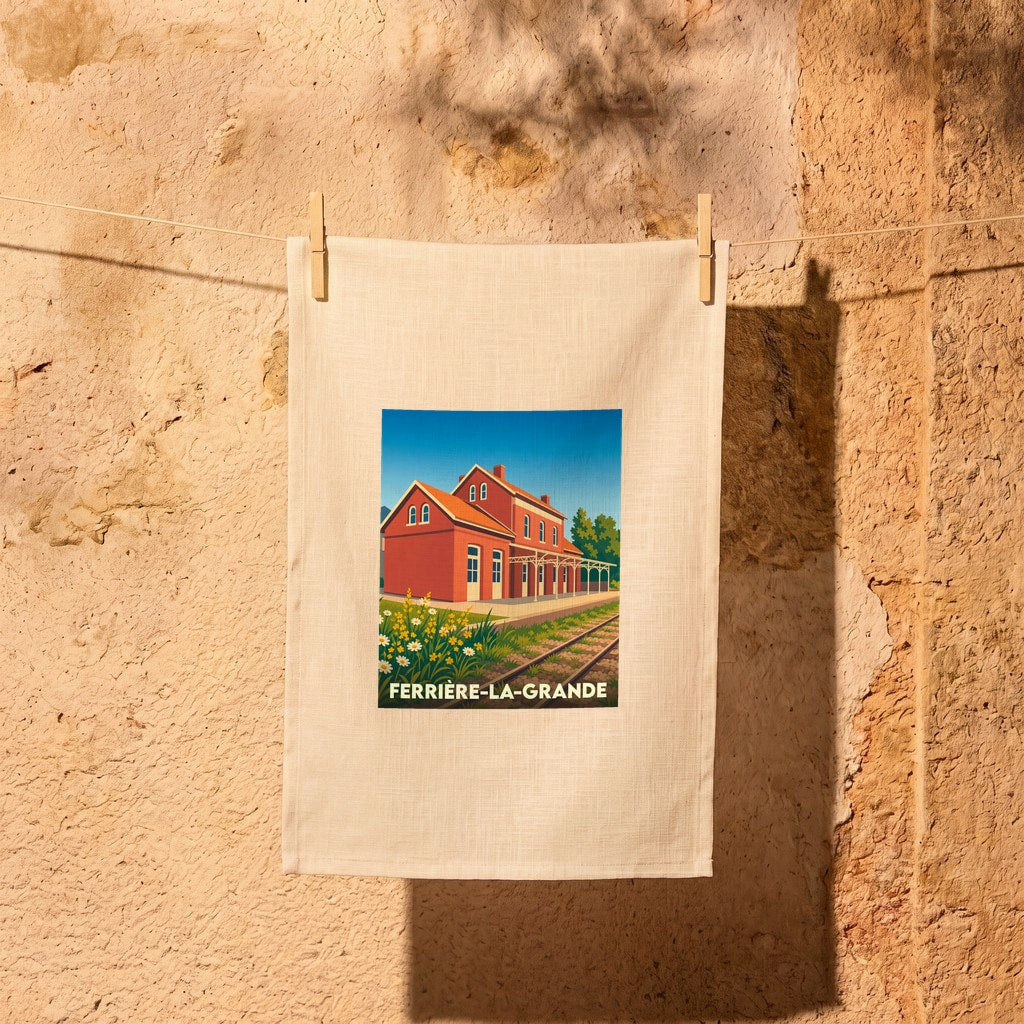 Torchon de cuisine souvenir de Ferrière-la-Grande avec une illustration stylisée de sa gare ferroviaire.