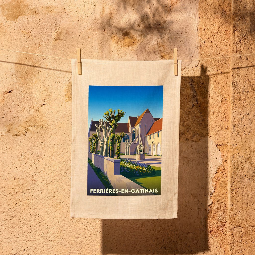 Torchon souvenir de la ville de Ferrières-en-Gâtinais avec une illustration stylisée de son patrimoine architectural.