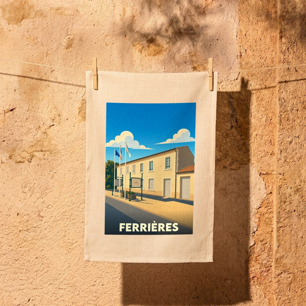 Torchon souvenir de la ville de Ferrières illustré d'un dessin stylisé de sa mairie.