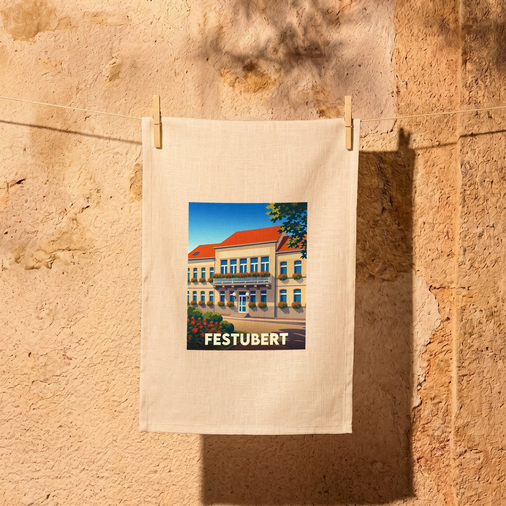 Torchon souvenir de la ville de Festubert orné d'une illustration stylisée de sa mairie.