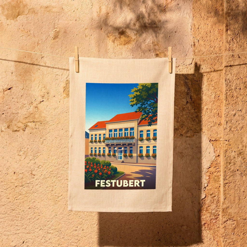 Torchon souvenir de la ville de Festubert orné d'une illustration stylisée de sa mairie.