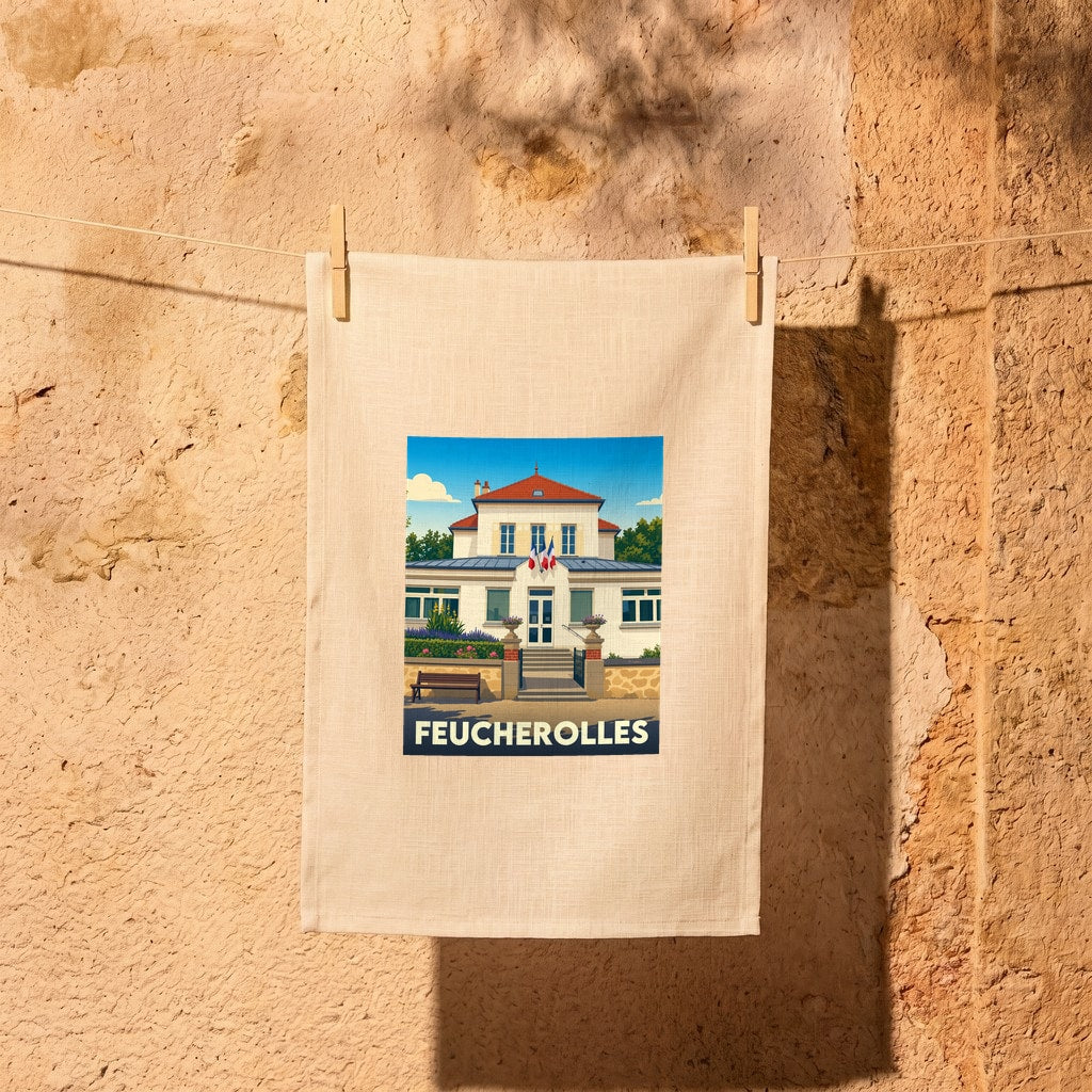 Torchon souvenir de la ville de Feucherolles avec une illustration stylisée de sa mairie.