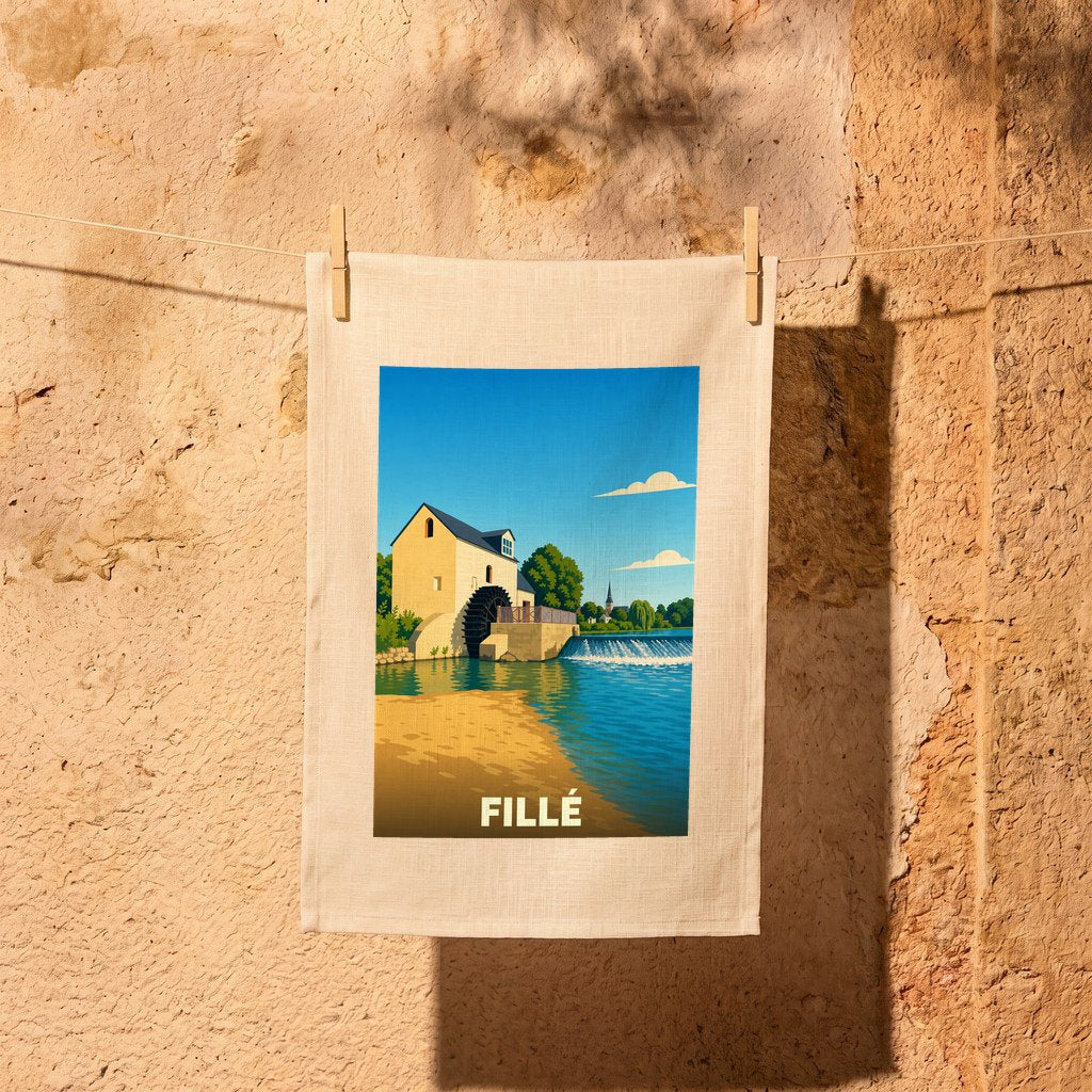 Torchon souvenir de la ville de Fillé avec une illustration stylisée d'un moulin à eau.