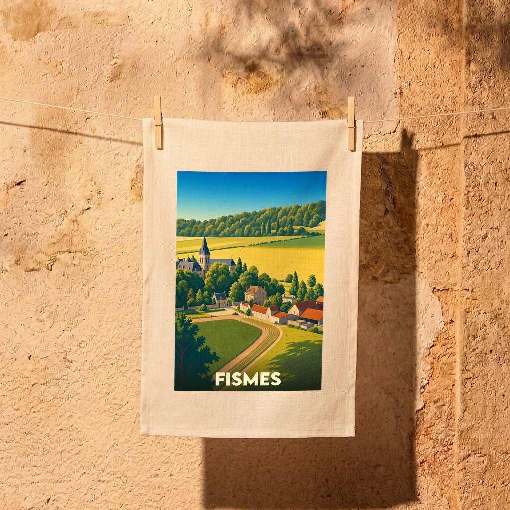 Torchon souvenir de la ville de Fismes avec une illustration stylisée d'un paysage rural champenois.
